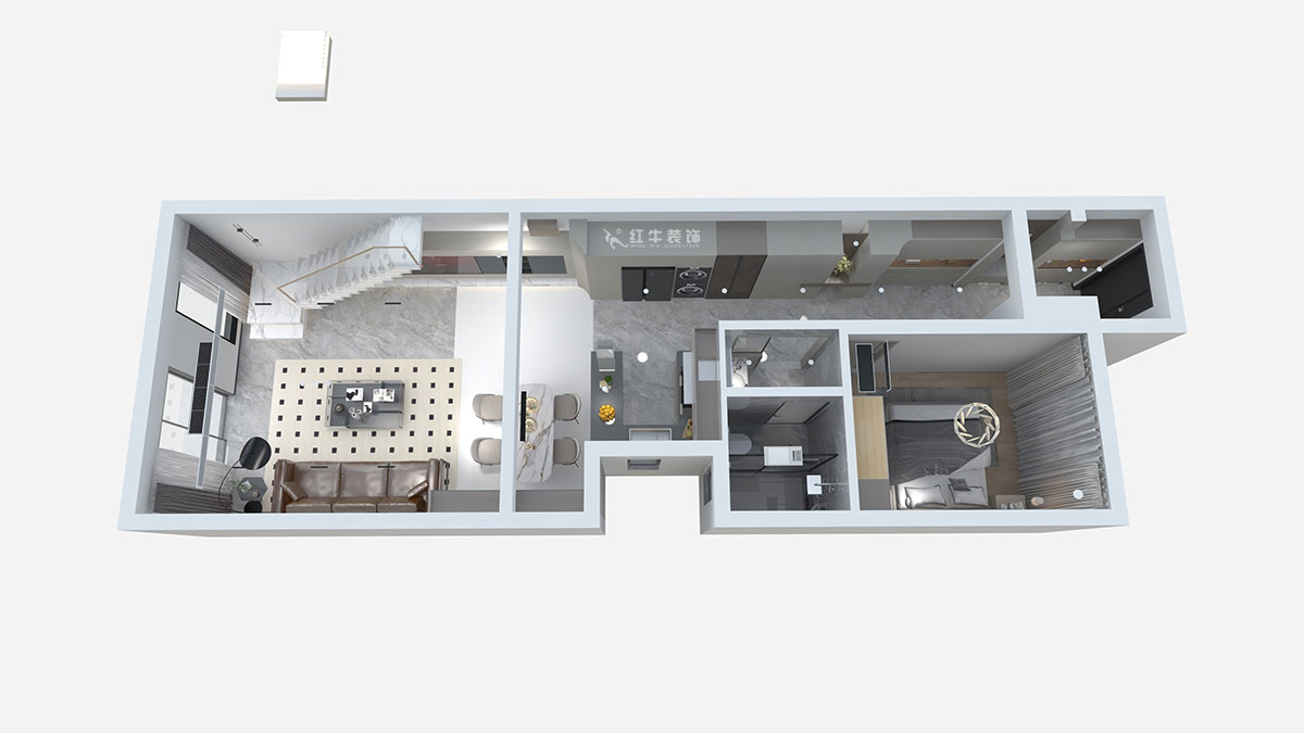 熊皓宇｜城开汤山公馆16甲103室-160㎡-现代风格｜复式｜4室2厅1厨2卫2阳台｜老房装修｜定制家｜全包｜00_03一层鸟瞰图
